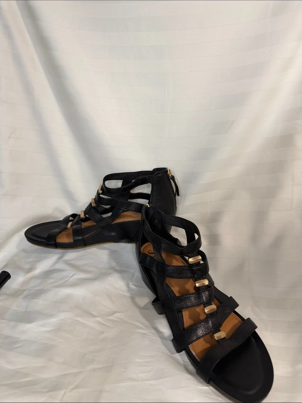 Söfft Black Leather Gladiator Wedge Sandals Gold Hardware - Size 10